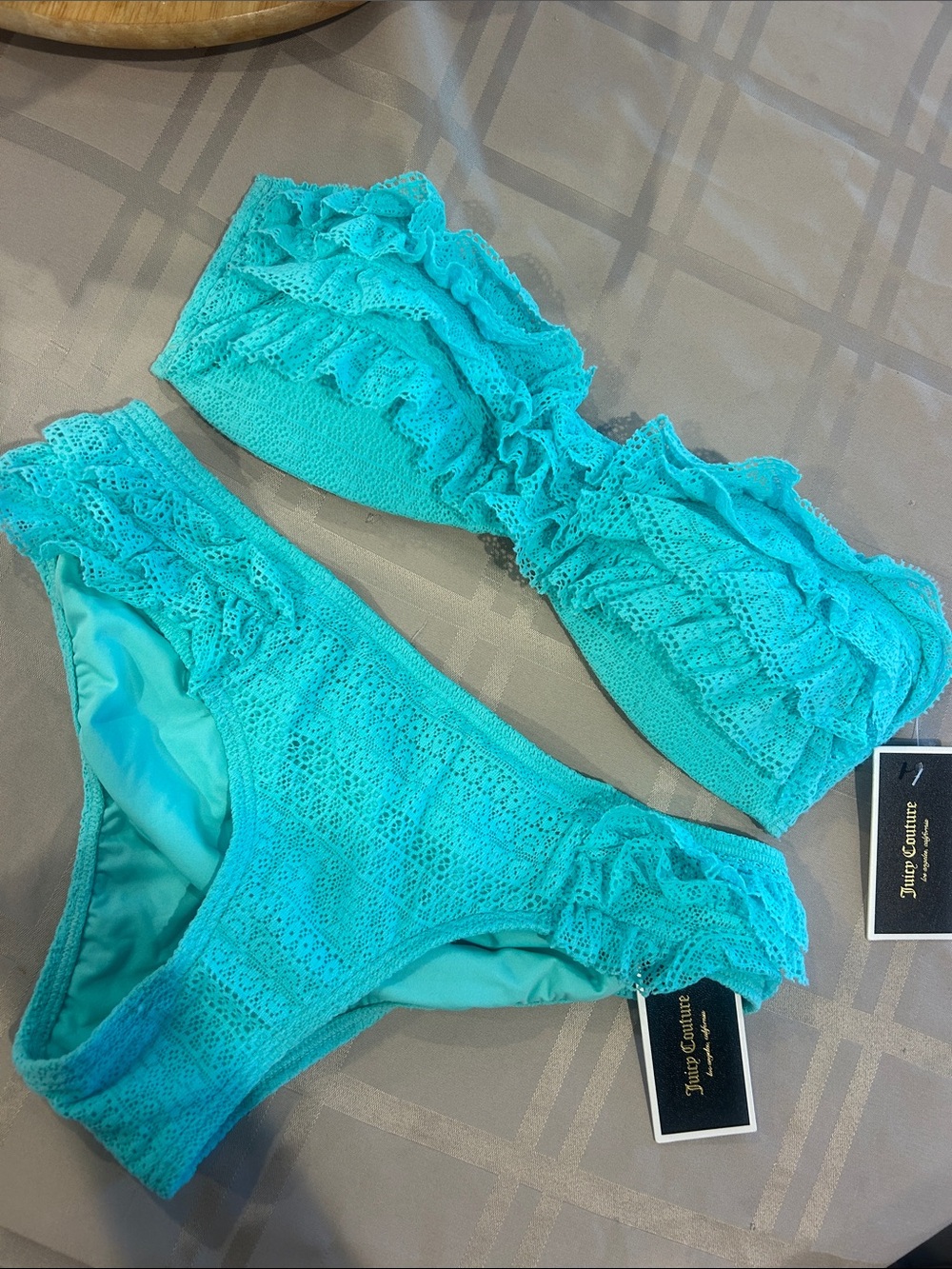 Juicy Couture Turquoise Ruffled Bandeau Bikini  Top & Bottom Set-NWT